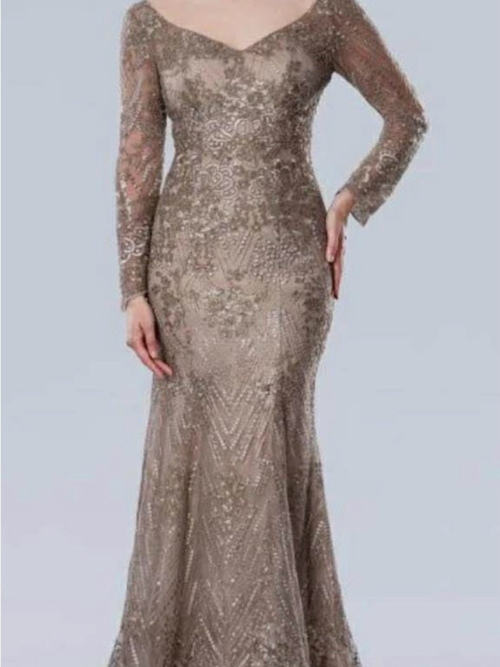 Mon Cheri Taupe Lace Long-Sleeve Evening Gown